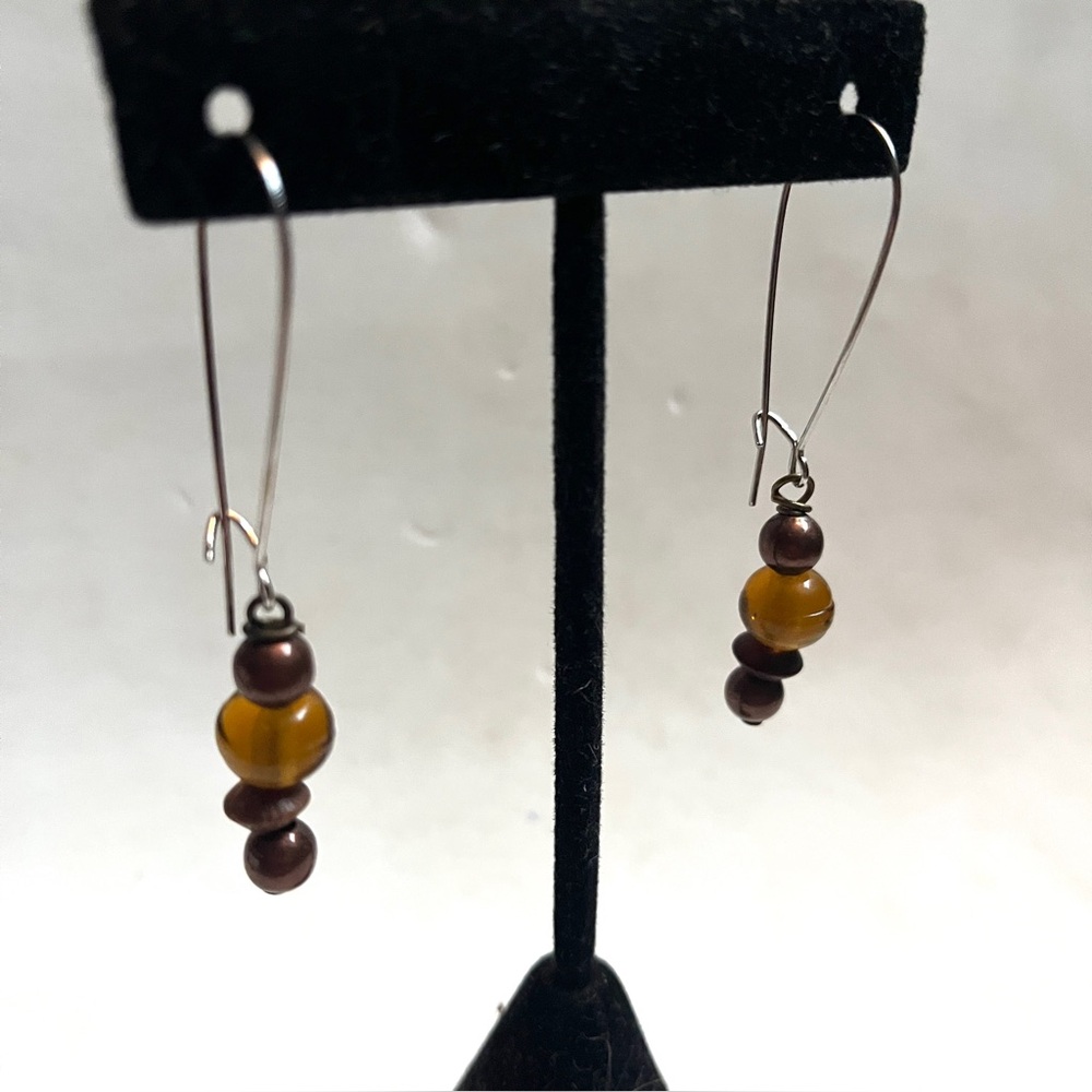 Sophisticated Amber, Copper, Silver and brown wood Earrings- NEW. Artist Made.